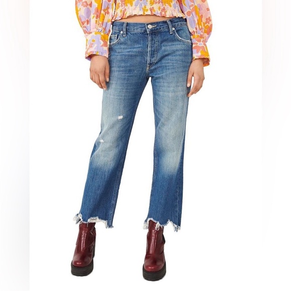 Free People Maggie Distressed Mid-Rise Straight-Leg Jeans Sequoia Blue NWT 29 - Picture 1 of 11